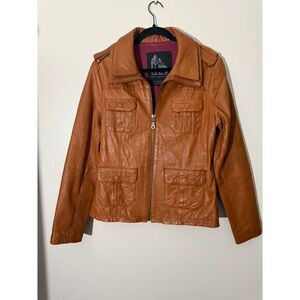EQ Leather Utility‎ Jacket Camel Brown Zip Up Multi Pocket Moto Style Size L